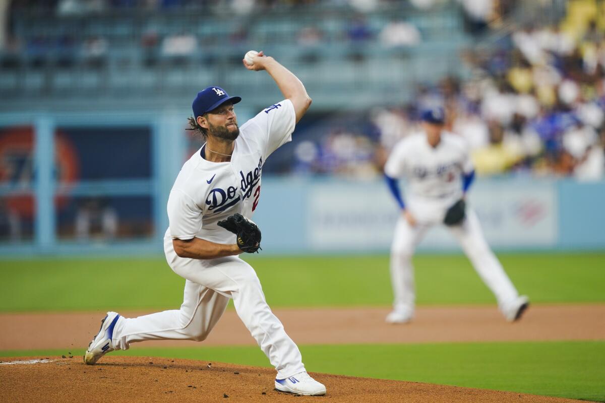 Dodgers starting pitcher Clayton Kershaw delivers during the first inning at Dodger Stadium.