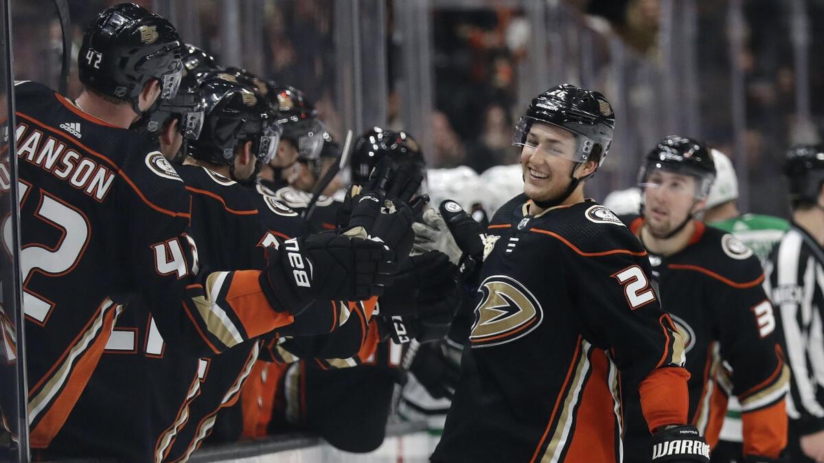 Ducks' Brandon Montour celebrates after scoring against the Dallas Stars during the third period.