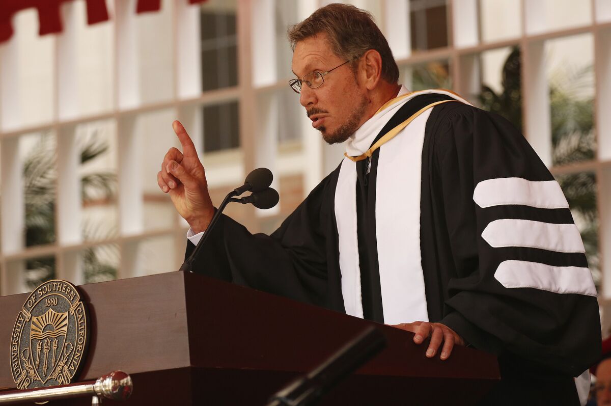 Oracle founder Larry Ellison delivers the commencement address at USC on Friday.