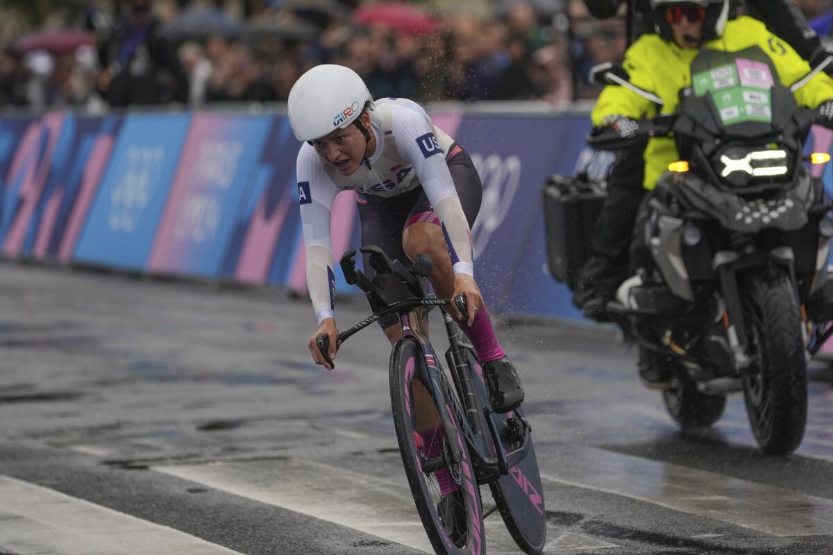 Chloe Dygert competes in the women's cycling time trial at the Paris Olympics on Saturday.