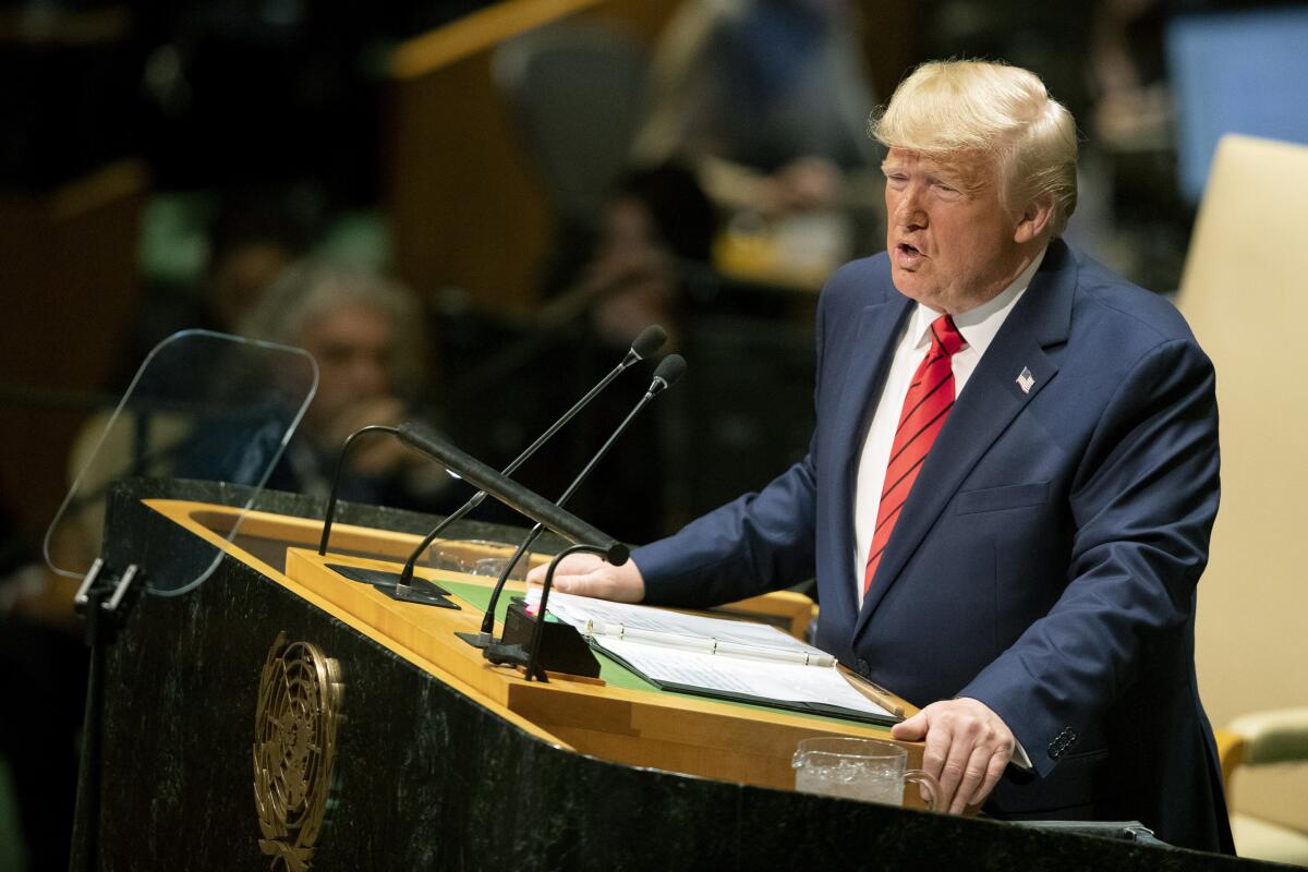 President Trump addresses the 74th session of the United Nations General Assembly in New York on Sept. 24, 2019.
