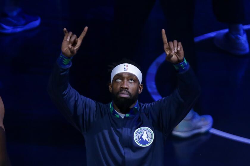 Minnesota Timberwolves guard Patrick Beverley gestures before Game 6 of an NBA basketball first-round playoff series against the Memphis Grizzlies Friday, April 29, 2022, in Minneapolis. (AP Photo/Andy Clayton-King)