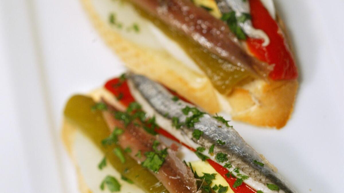 Anchovy, roasted red pepper, potato and egg pintxos Recipe - Los