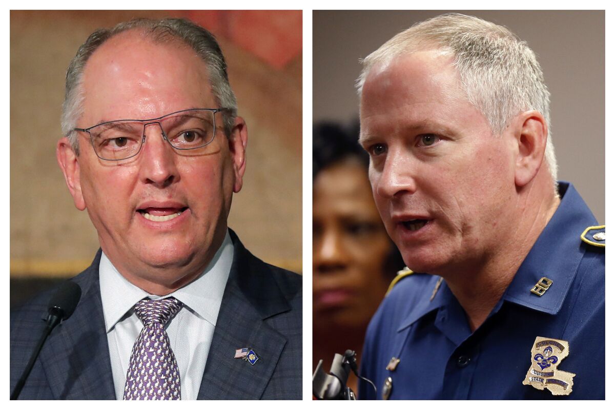 This combination of 2020 and 2017 photos shows Louisiana Gov. John Bel Edwards, left, and Louisiana State Police Supt. Kevin Reeves in Baton Rouge, La. Louisiana lawmakers investigating the deadly 2019 arrest of Black motorist Ronald Greene are preparing to hold Reeves, the former head of the state police, in contempt for refusing to turn over his journals after talks broke down Monday, May 2, 2022 in a dispute over an entry mentioning Gov. Edwards. (AP Photo/Gerald Herbert)