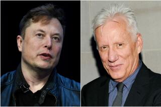 A split image of Elon Musk speaking in a black leather jacket and James Woods posing in a black suit