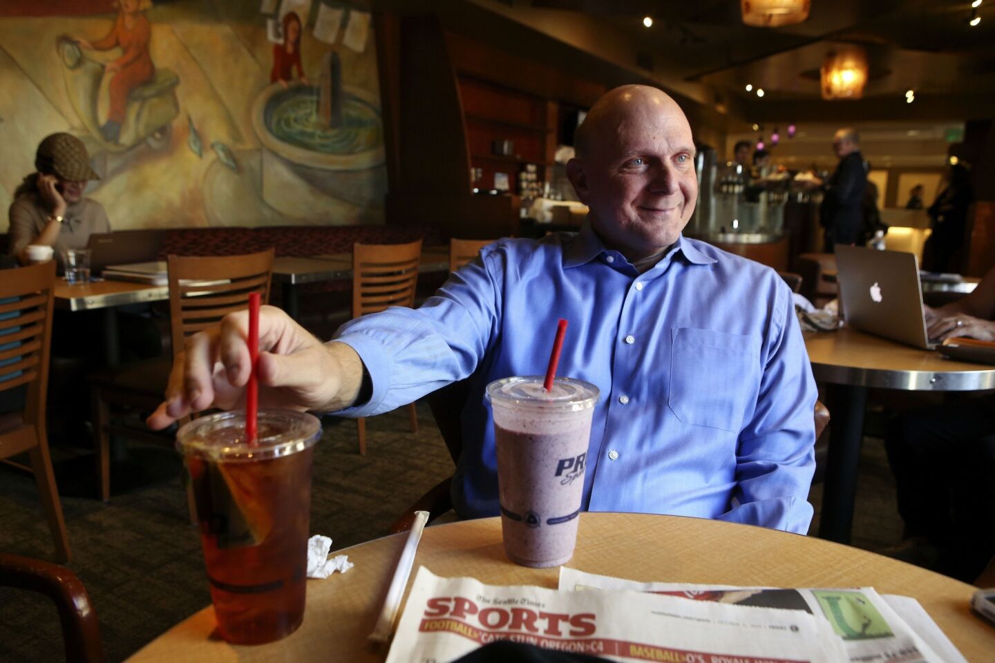 Clippers owner Steve Ballmer relaxes in the cafe at Pro Sports Club in Bellevue, Wash., after a workout.
