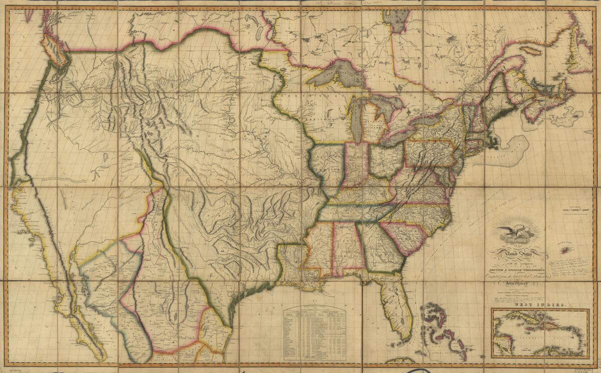 Map from around 1816 showing addition of Louisiana Purchase to U.S.