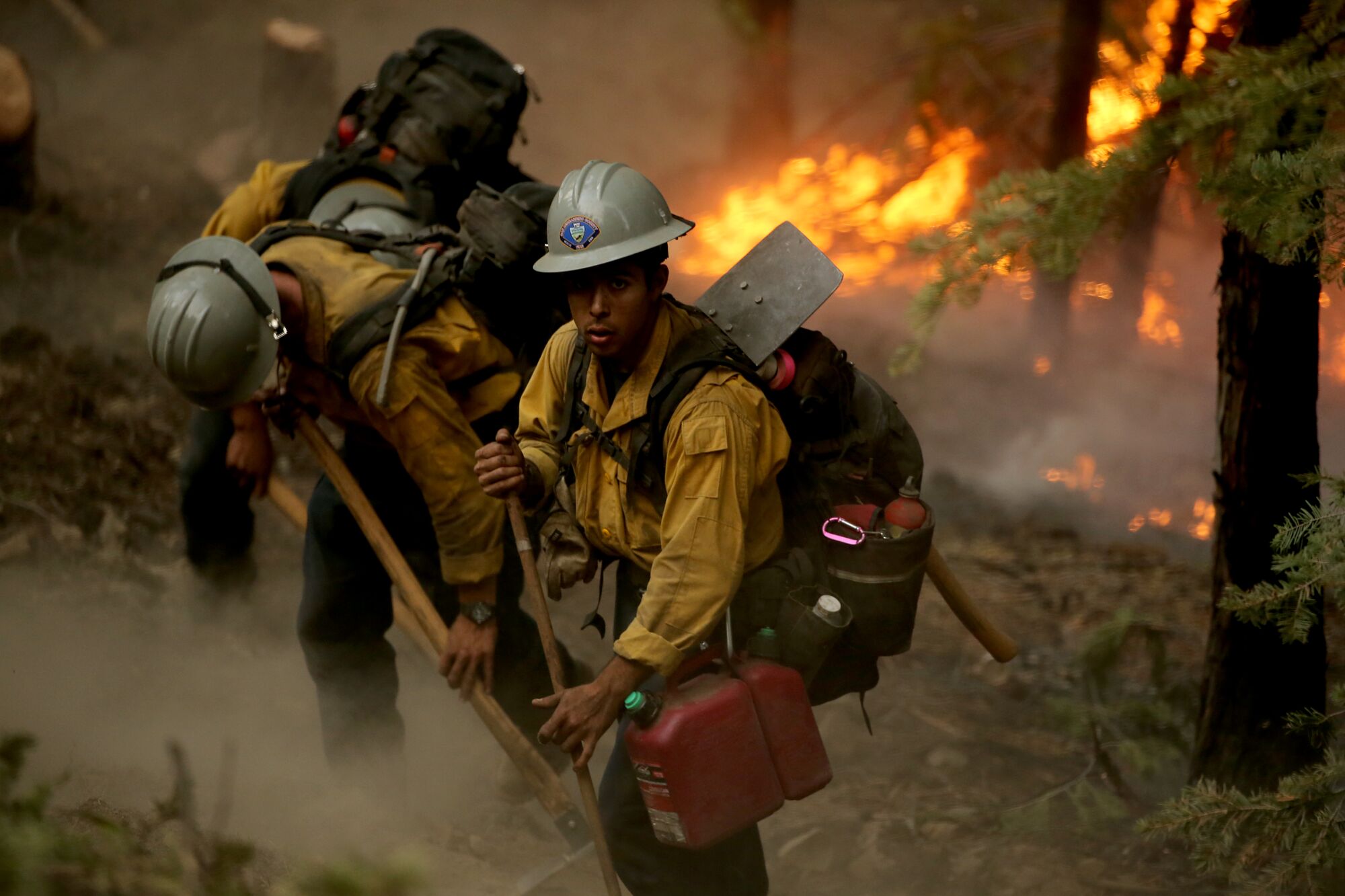 Firefighters use hand tools to dig lines in the forest ground as flames burn behind them