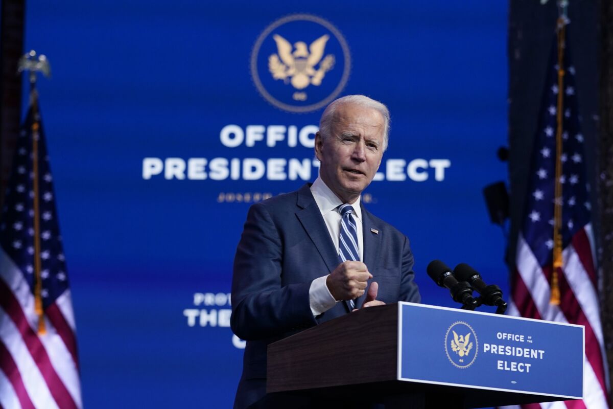 President-elect Joe Biden speaks in Wilmington, Del., on Nov. 10, 2020. 