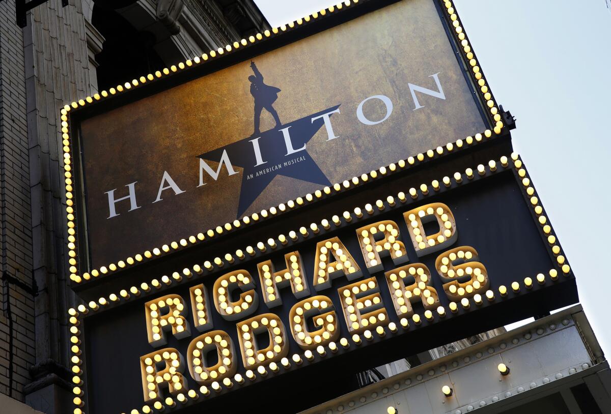 The marquee for the Broadway musical "Hamilton" at the Richard Rodgers Theatre in New York City.
