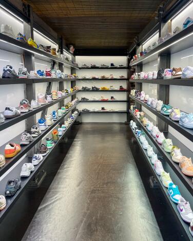 Racks of sneakers in a store