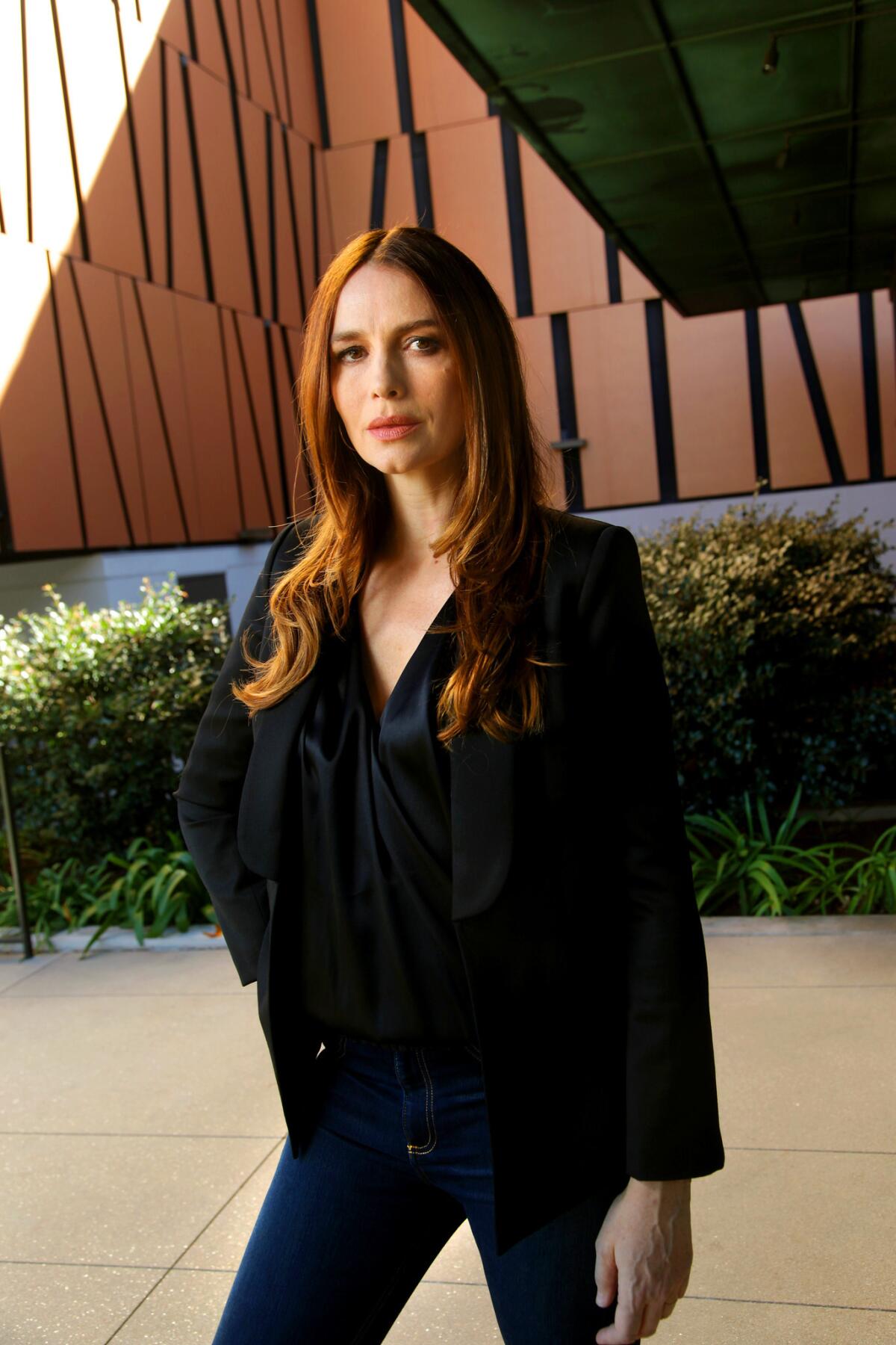 Saffron Burrows, star of the one-woman play "Jackie Unveiled," outside the Wallis Annenberg Center for the Performing Arts in Beverly Hills.