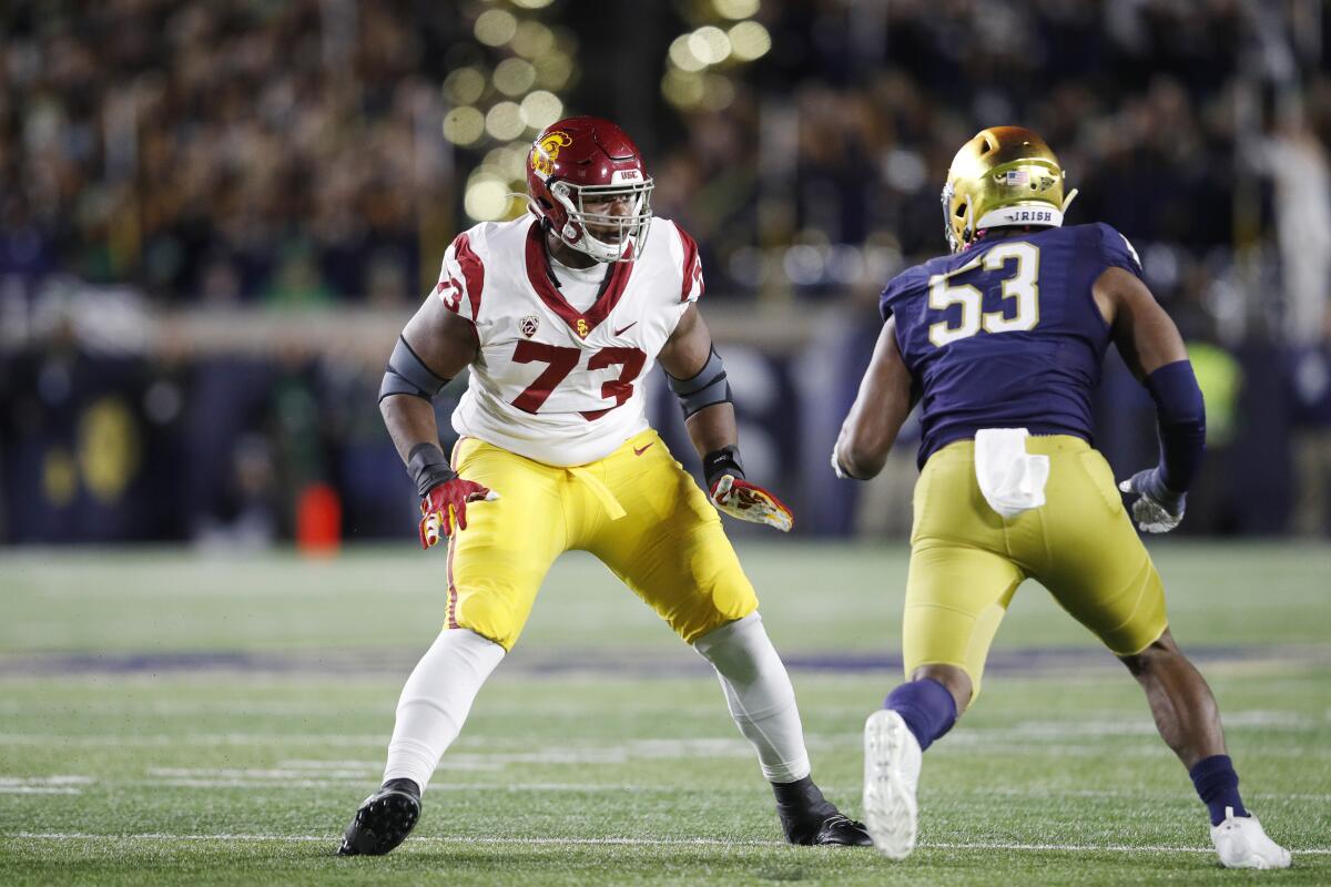 USC offensive tackle Austin Jackson blocks against Notre Dame on Oct. 12, 2019, in South Bend, Ind.
