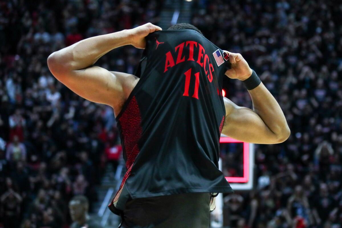 San Diego State's Matt Mitchell reacts after the Aztecs suffered their first loss of the season Feb. 22, 2020.