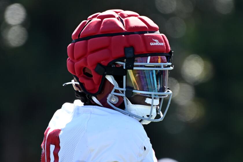 USC defensive lineman Bear Alexander looks to his during a football practice