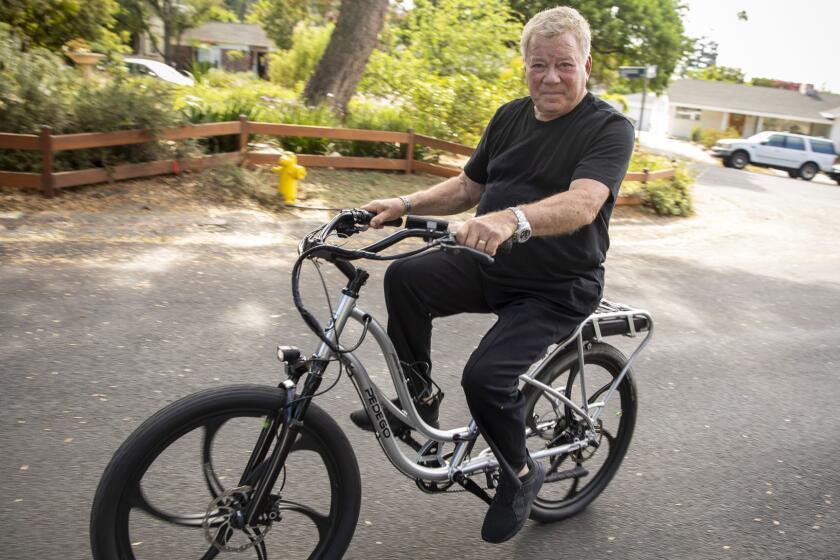 STUDIO CITY, CA --AUGUST 30, 2018 -- Emmy and Golden Globe-winning actor William Shatner is a huge fan of Pedego Electric Bikes, and discusses why he loves them, during a photo shoot in Studio City, CA., Aug. 30, 2018. (Jay L. Clendenin / Los Angeles Times)