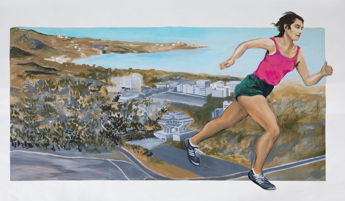 The figure of a young Mexican-American woman is seen running on a hillside over the UC San Diego campus.