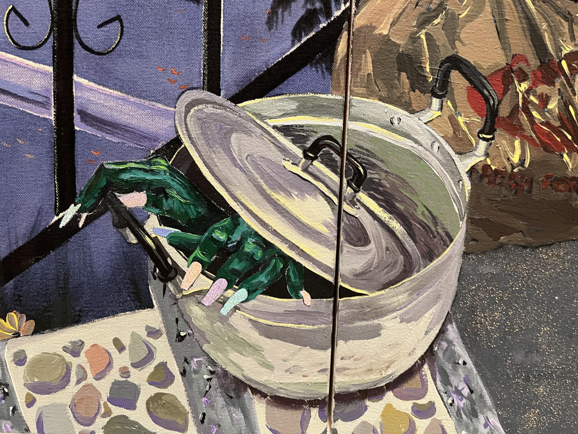 A detail of a painting shows two green hands, with multicolored nail tips, emerging from a pot on a stepping stone.