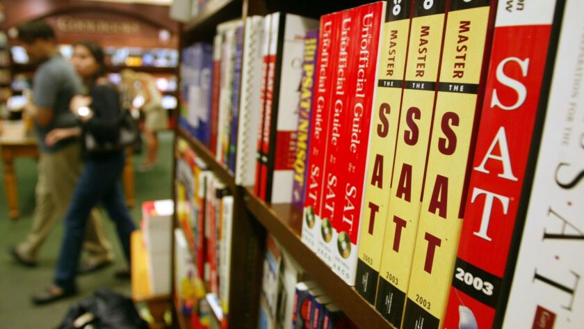 SAT prep books  on a shelf.