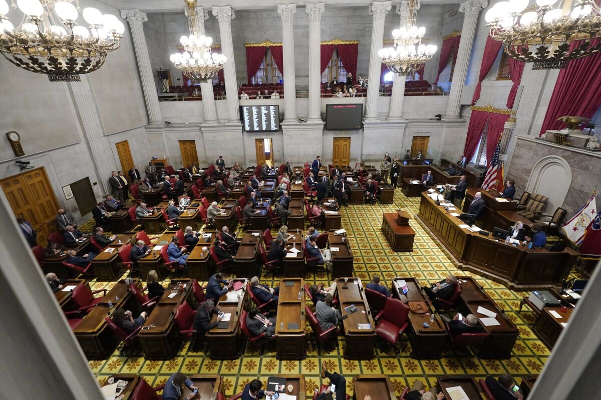 FILE - The Tennessee House of Representatives meets Wednesday, Oct. 27, 2021, in Nashville, Tenn. A lawsuit backed by the Tennessee Democratic Party seeks to block new redistricting maps for the state House and Senate, arguing Republican lawmakers who drew the maps violated the state Constitution to keep a firm grip on their partisan advantages. (AP Photo/Mark Humphrey, File)