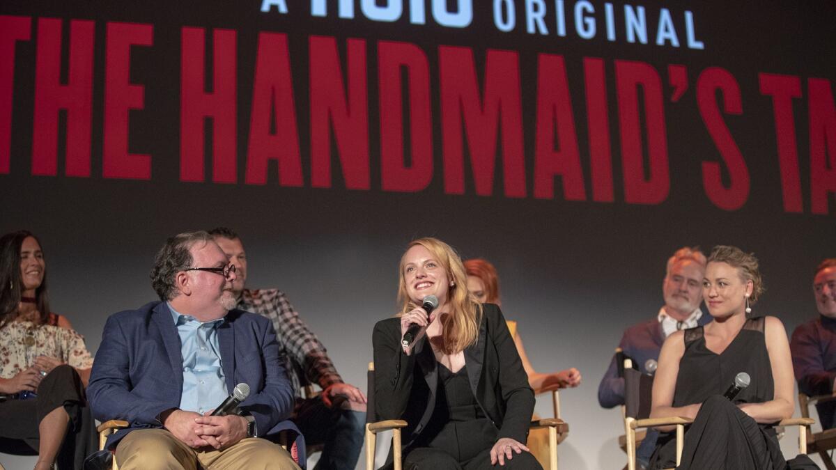 Actress Elisabeth Moss talks during a discussion following the season 2 finale screening of "The Handmaid's Tale" at The Wilshire Ebell Theater.