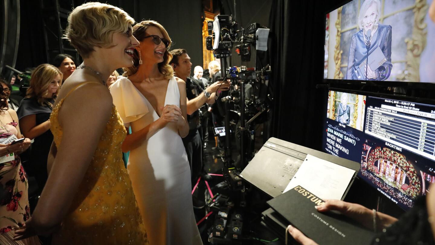 Greta Gerwig and Laura Dern backstage at the 90th Academy Awards on Sunday at the Dolby Theatre in Hollywood.