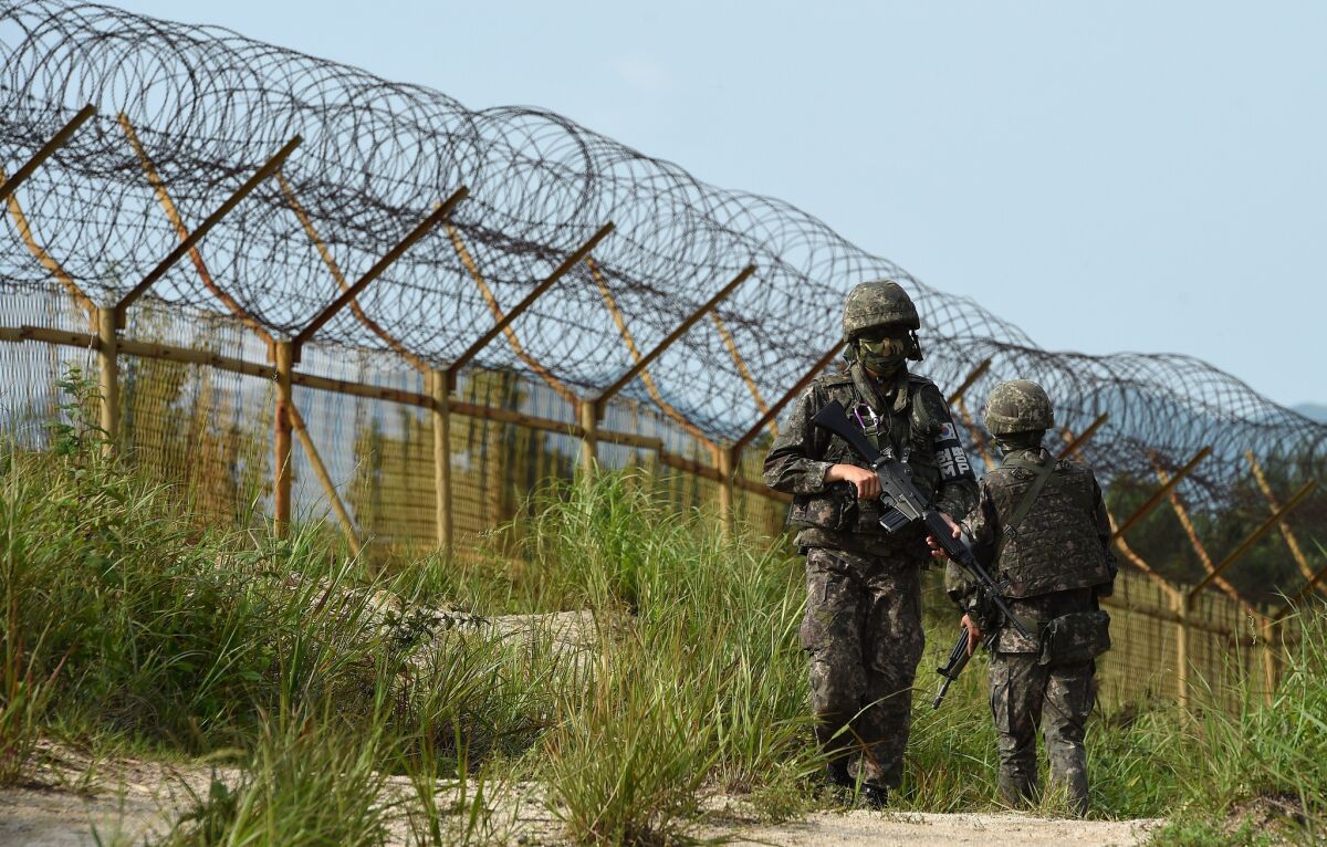 South Korean soldiers patrol near the demilitarized zone dividing North and South Korea on Aug. 9.