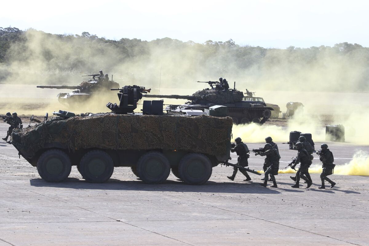 Soldiers take part in a military exercise in Hsinchu County, northern Taiwan