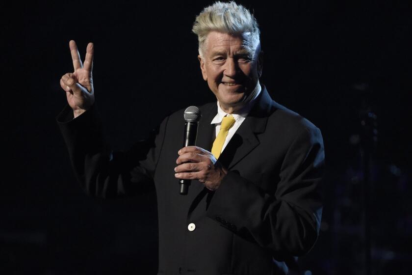 David Lynch speaks at the David Lynch Foundation Music Celebration at the Theatre at Ace Hotel.