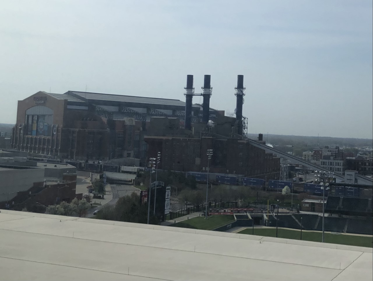 The view from Ben Bolch's hotel room of Lucas Oil Stadium in Indianapolis.