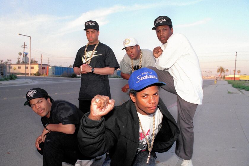 N.W.A in 1989, clockwise from top left: DJ Yella, Dr. Dre, MC Ren, Eazy-E, Ice Cube.