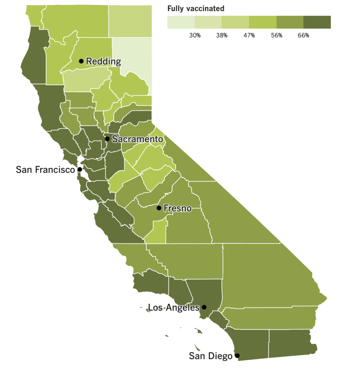 A map of California's COVID-19 vaccination progress by county as of Jan. 31, 2023.