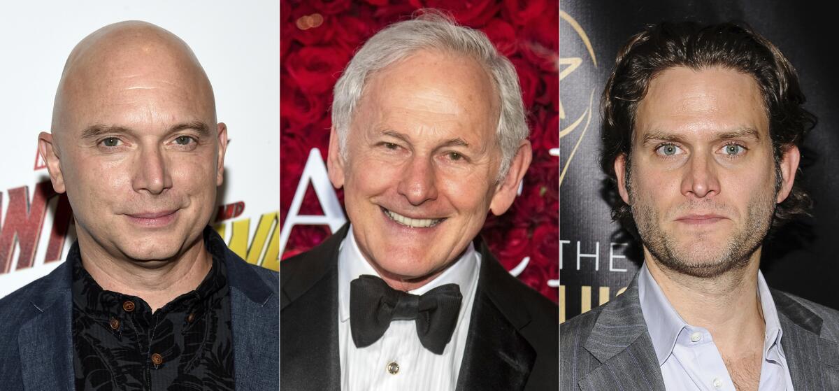 This combination of photos shows actors, from left, Michael Cerveris, Victor Garber and Steven Pasquale, who will participate in the dark musical “Assassins," for a streaming fundraising event. Cast members of the show’s 1990 world premiere will join with the 2004 Tony-winning revival, as well as the cast of the upcoming Classic Stage Company production for an hour-long filmed program on April 15 that mixes memories and music, exploring the show from the actors' points of view. (AP Photo)