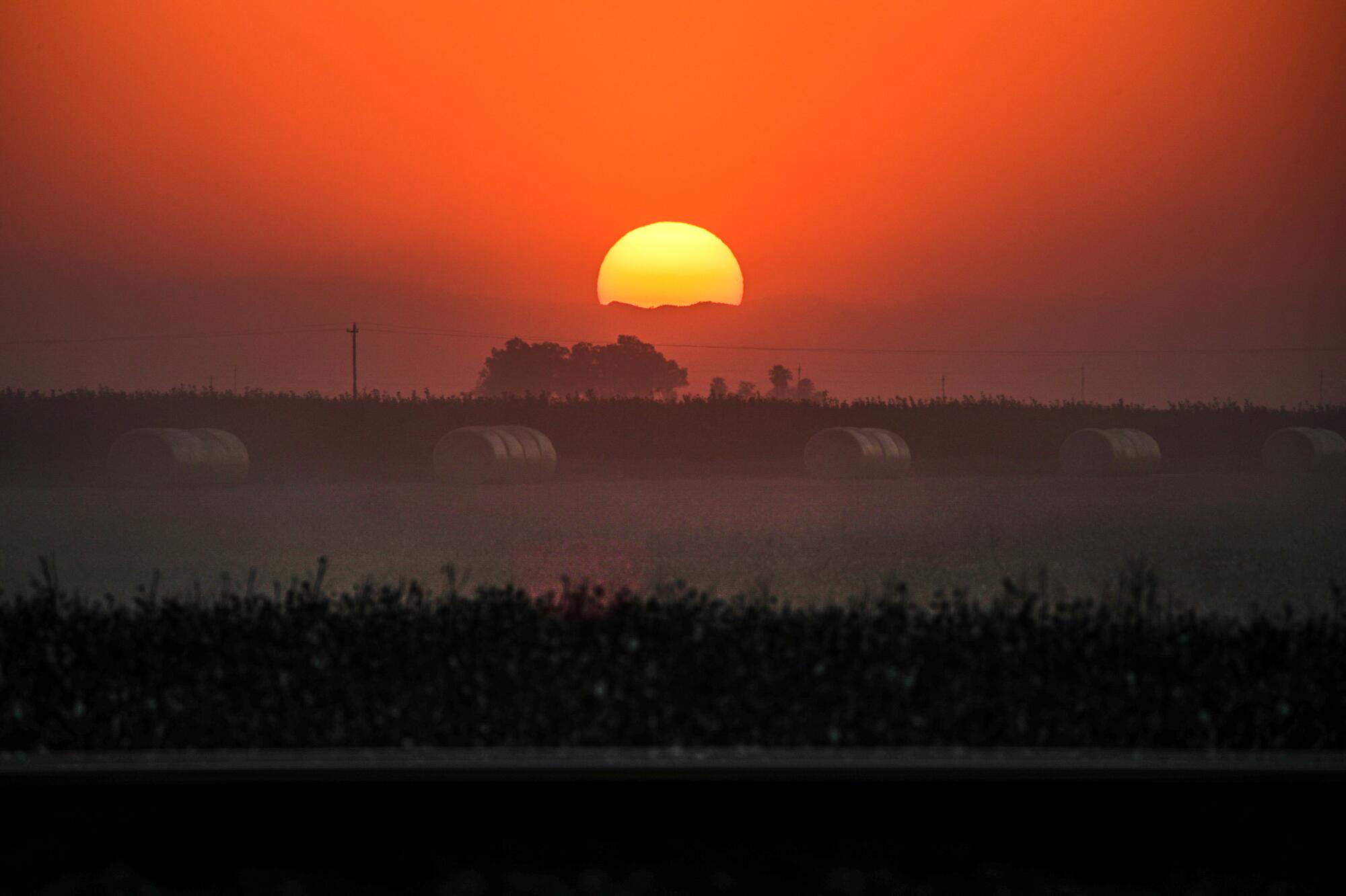 The sun sets behind a field in Hanford, Calif.