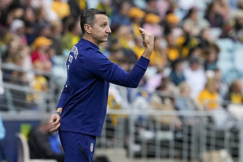 U.S. coach Vlatko Andonovski gestures to his players during a match against Australia  