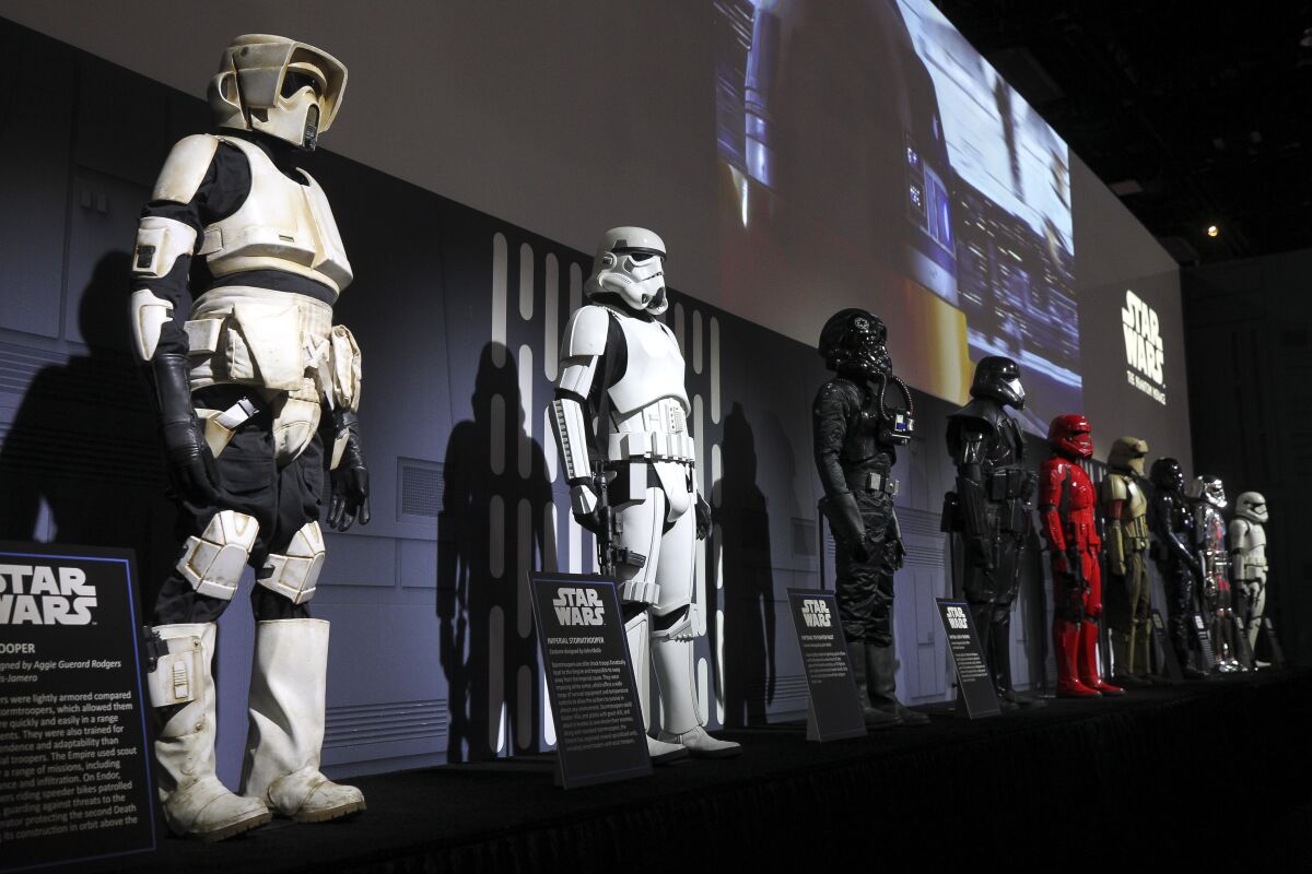 Stormtrooper mannequins on display at Comic-Con's Star Wars booth