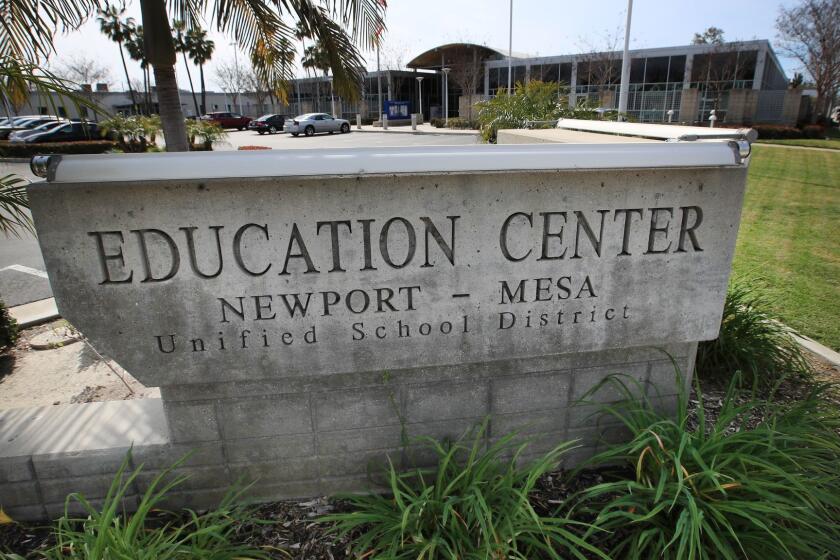 COSTA MESA, CALIF. -- MONDAY, MARCH 4, 2019: A view of Newport Mesa Unified School District office in Costa Mesa, Calif., on March 4, 2019. A photo of a group of smiling students flashing a Nazi salute while surrounding a swastika formed by red plastic cups posted on social media shocked the Newport Beach community, Jewish leaders and others on Sunday morning. Newport-Mesa Unified School District Superintendent Fred Navarro sent an alert about the photo to district administrators and board members, said school board President Charlene Metoyer, who added that they?ve identified several students in that photo who attend Newport Harbor High School.(Allen J. Schaben / Los Angeles Times)