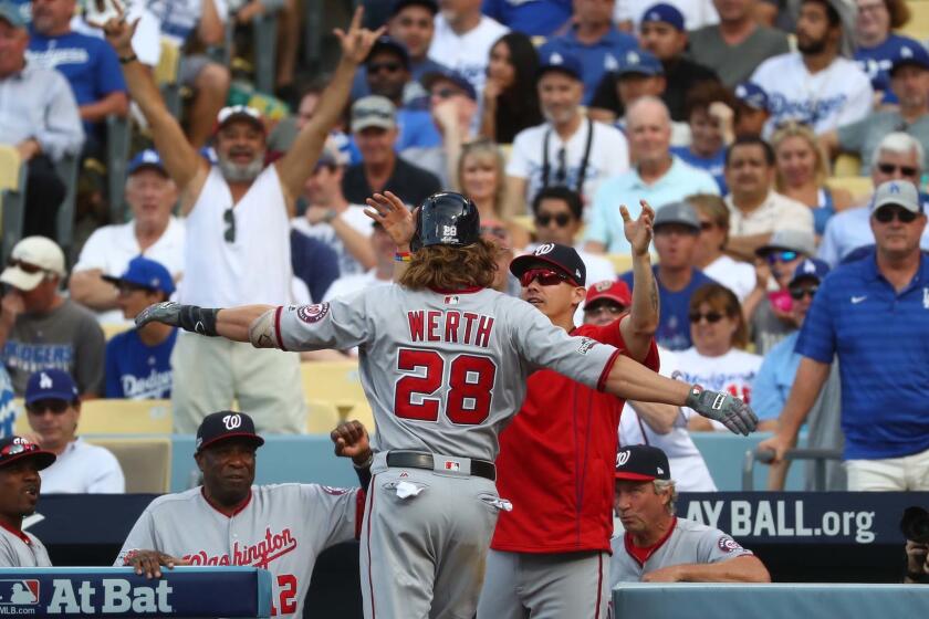Nationals left fielder Jayson Werth celebrates after rounding the bases on a ninth-inning homer against Dodgers closer Kenley Jansen.