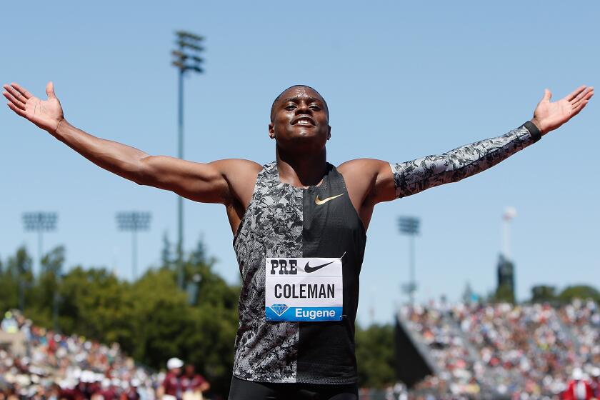 STANFORD, CALIFORNIA - JUNE 30: Christian Coleman of the United States poses for photographers after winning the Men's 100m during the Prefontaine Classic at Cobb Track & Angell Field on June 30, 2019 in Stanford, California. (Photo by Lachlan Cunningham/Getty Images)
