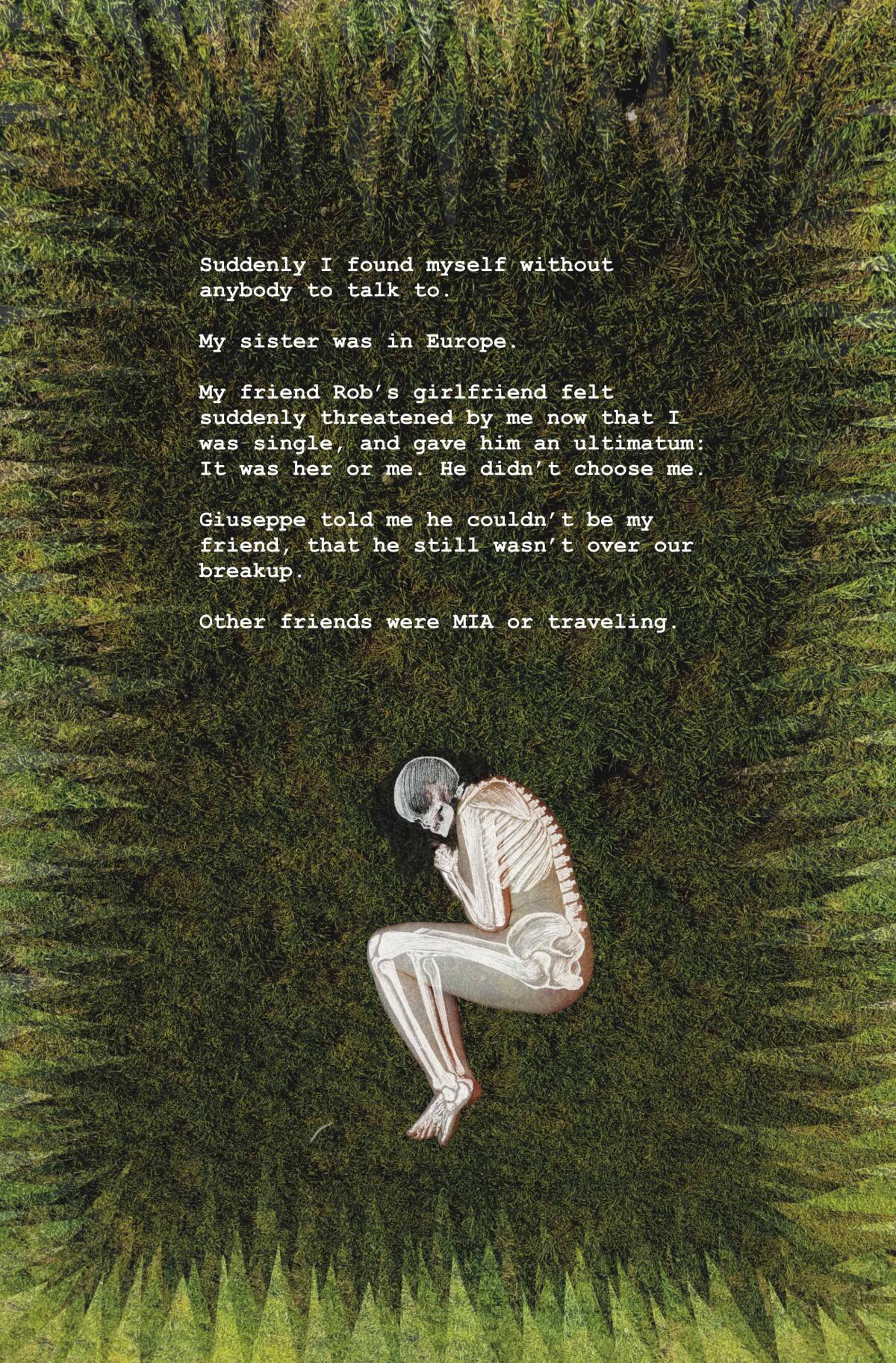 An illustration from a book featuring written words on a dark green field and a skeletal body in a fetal position
