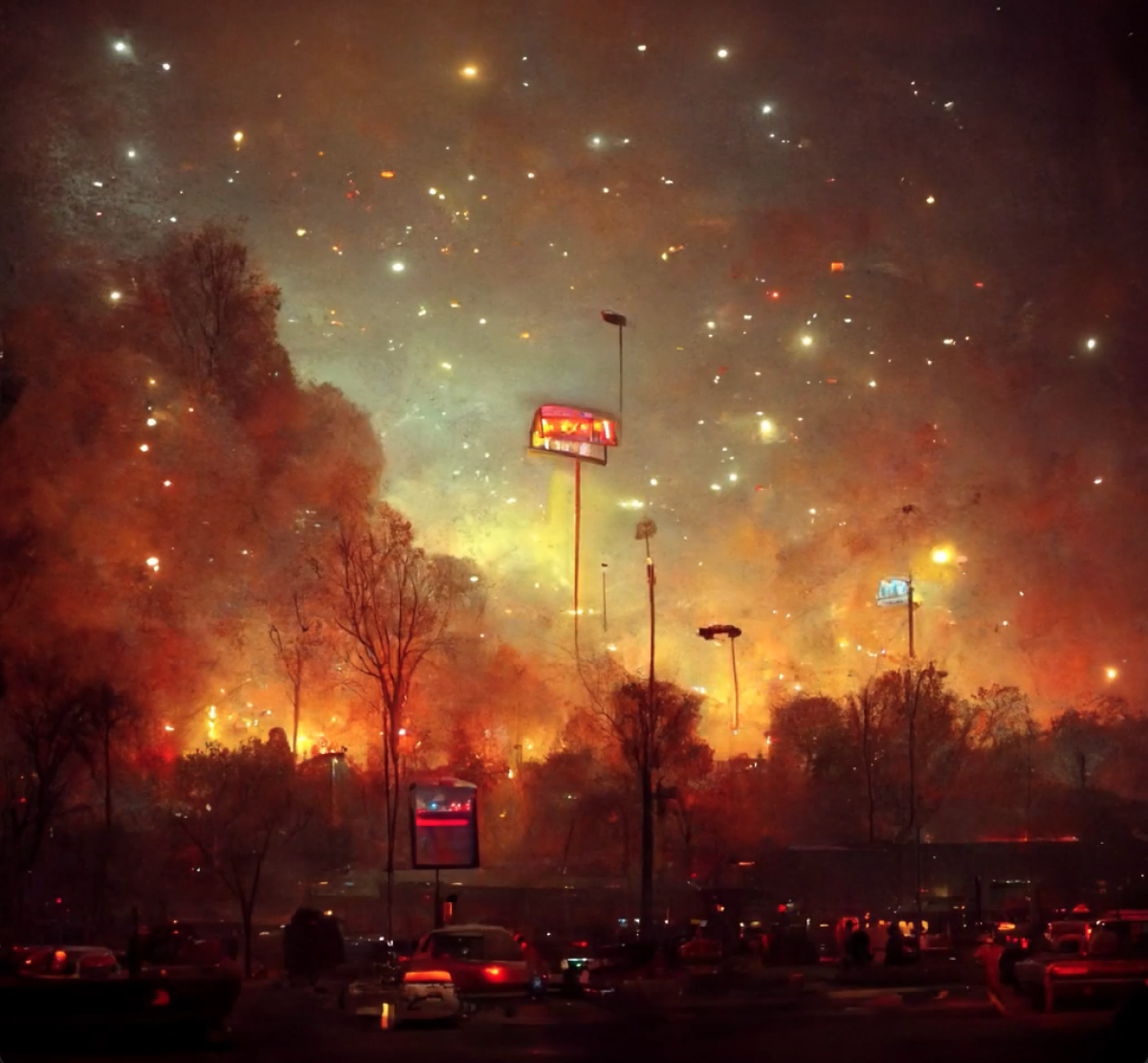 An AI rendering shows a hazy night sky over a city punctuated by flashes of brilliant neon.