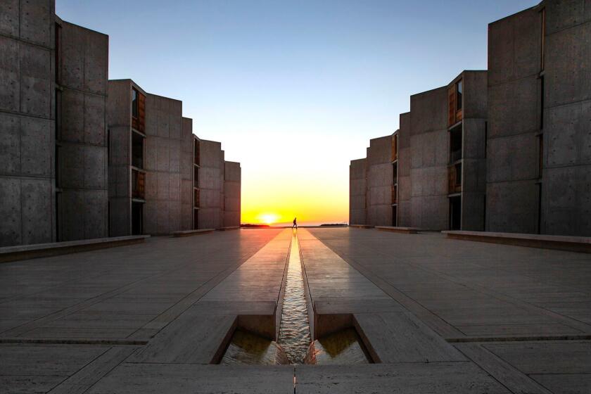The Salk Institute for Biological Studies in La Jolla is considered to be one of architect Louis Kahn's masterpieces, hailed for its use of site and light and space. It was begun in 1959 and completed in 1965.