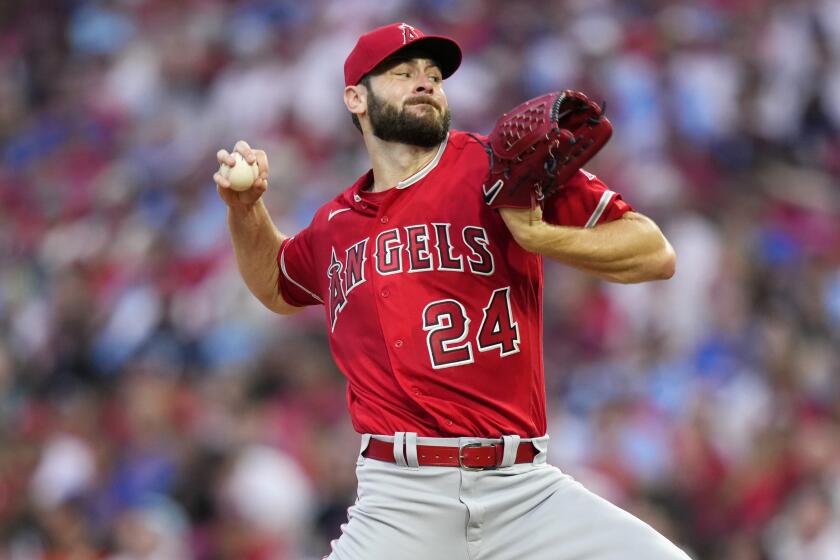 Los Angeles Angels' Lucas Giolito pitches during the second inning of a baseball game.