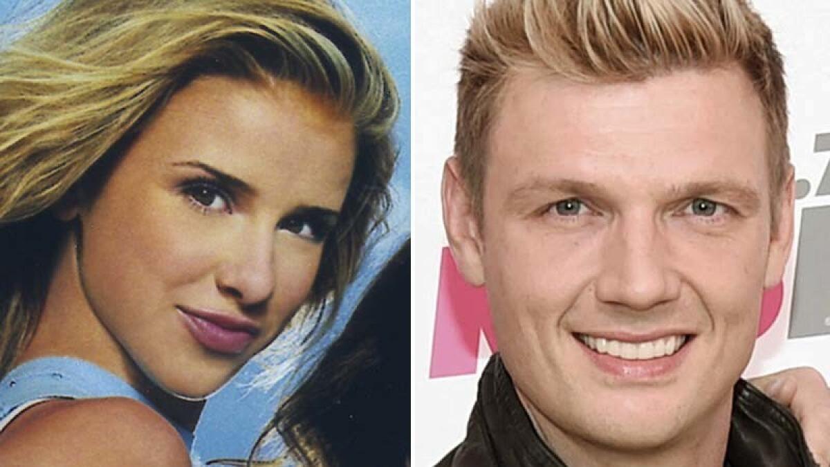 Melissa Schuman is seen in 2001 when she was with Dream; Nick Carter appears in 2017.