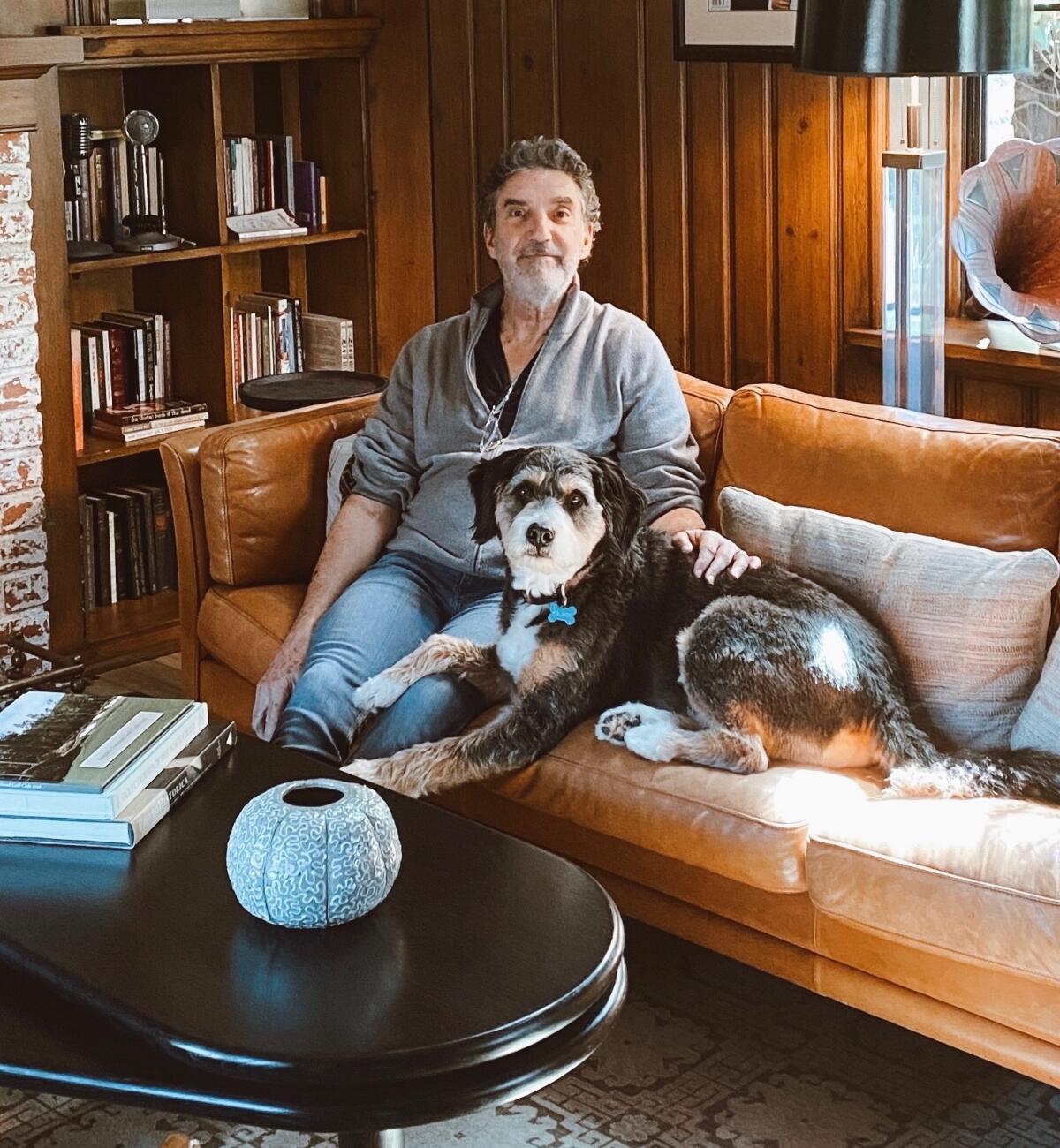 Showrunner Chuck Lorre from "Kominsky Method" and dog Harvey. 