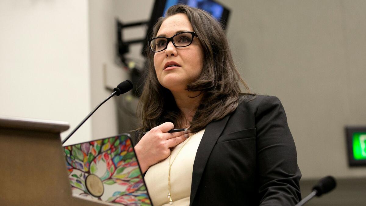 Lobbyist Pamela Lopez tells members of an Assembly committee tasked with revising the California Assembly's sexual harassment policies about her experiences.