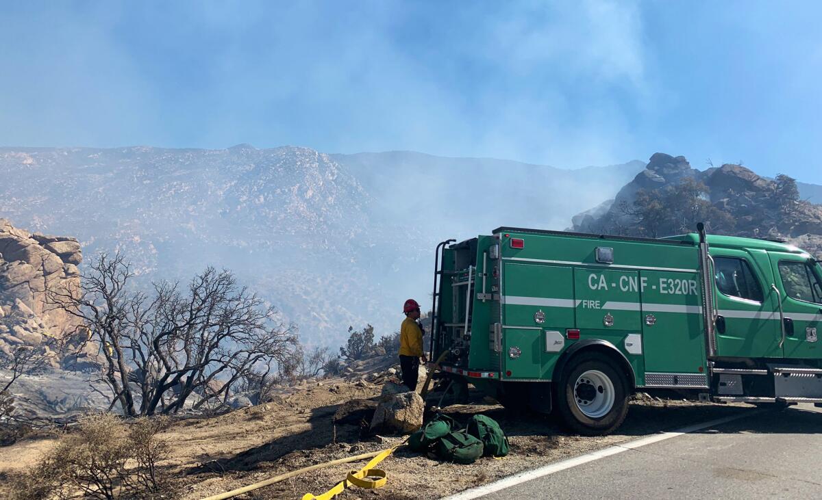 A fire truck and firefighter stand near a smoky canyon.
