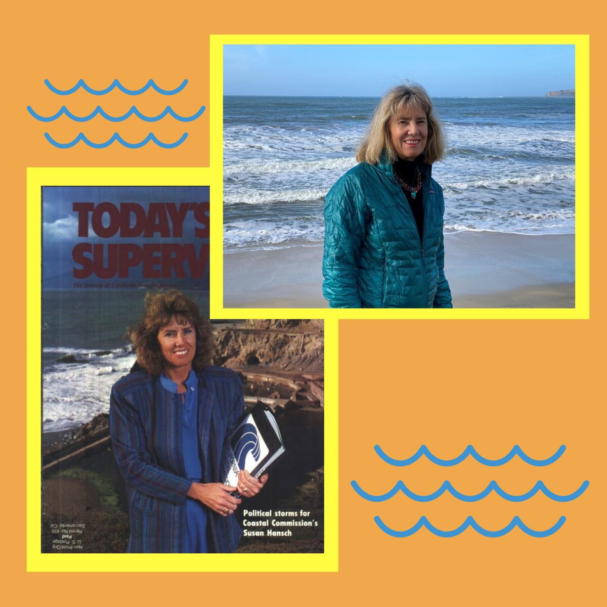 Illustration shows two images of Susan Hansch standing along the coastline.