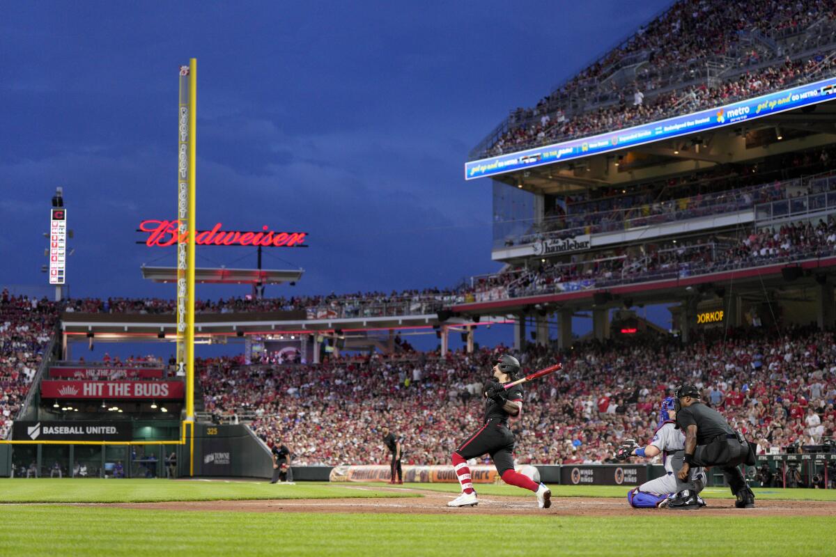 Cincinnati's Jonathan India watches his grand slam against the Dodgers in the fifth inning.