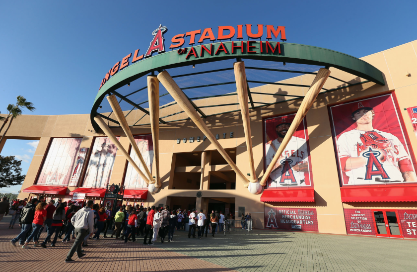 ANAHEIM, CA - MARCH 31: Fans enter Angel Stadium in Anaheim on opening day.